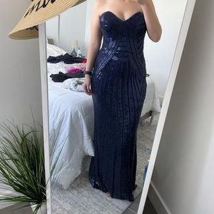 Goddiva bandeau sequin embellished navy gown